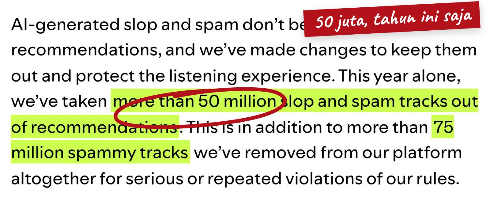 Blog resmi Spotify 20 Okt 2026: lebih dari 50 juta lagu sampah dan spam dikeluarkan dari rekomendasi, 75 juta lagu spam dihapus total