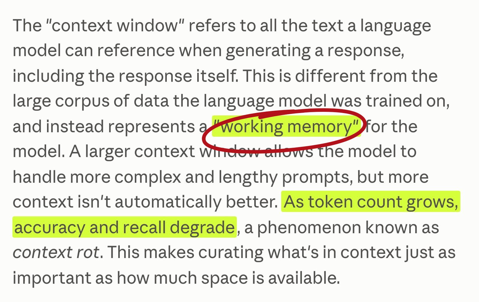 Dokumentasi Anthropic Context windows: jendela konteks adalah memori kerja model; makin banyak token, ketepatan dan daya ingat menurun