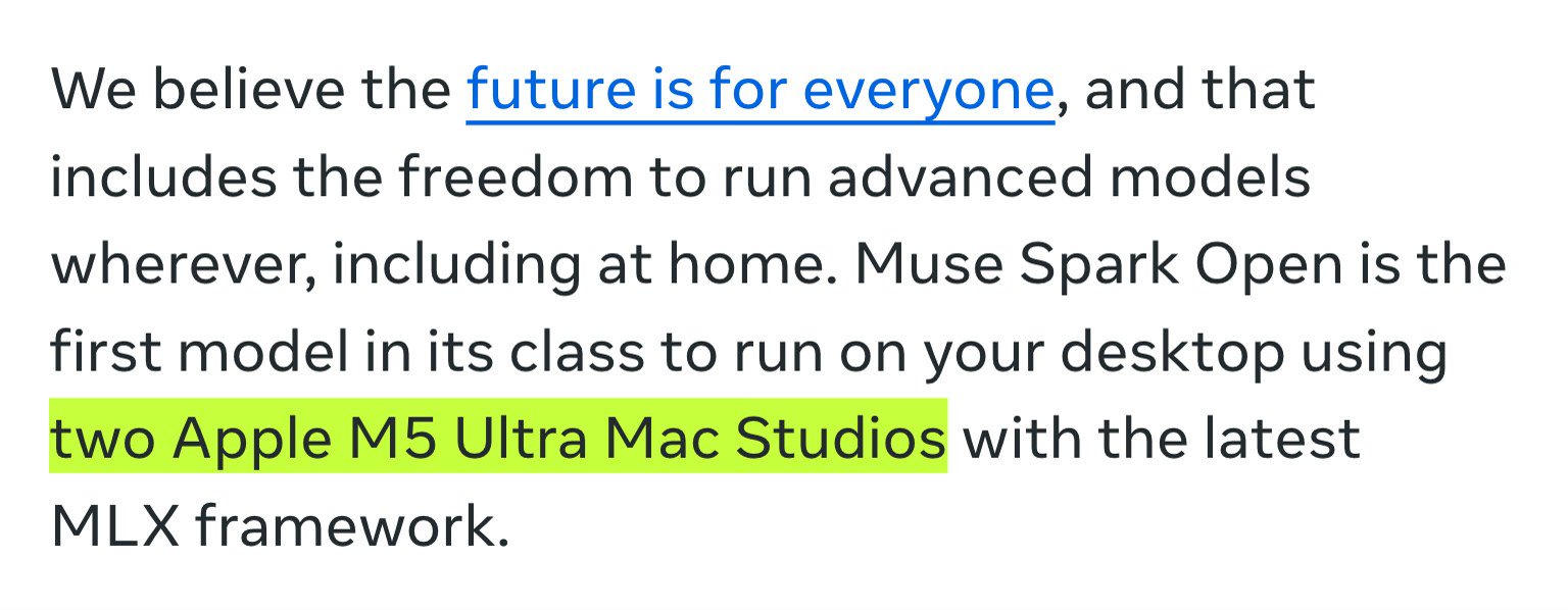 Blog Meta: Muse Spark Open bisa jalan di desktop dengan two Apple M5 Ultra Mac Studios