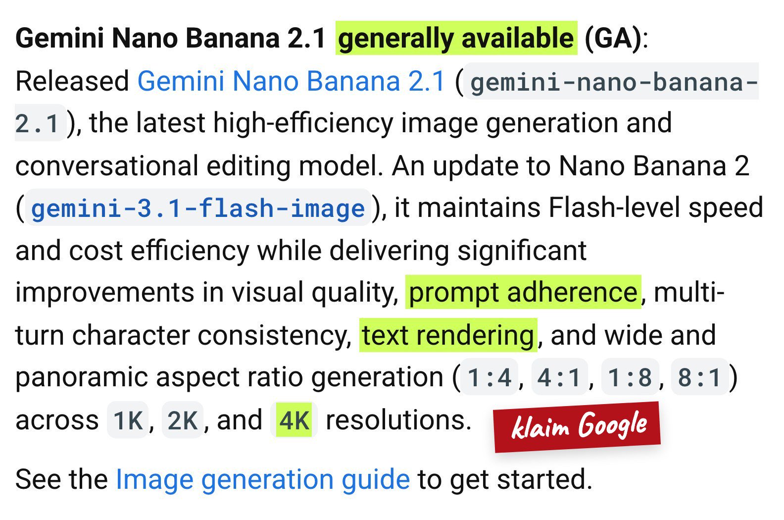 Catatan rilis Gemini API: Gemini Nano Banana 2.1 generally available, model gemini-nano-banana-2.1, peningkatan kualitas visual, kepatuhan prompt, dan tulisan dalam gambar