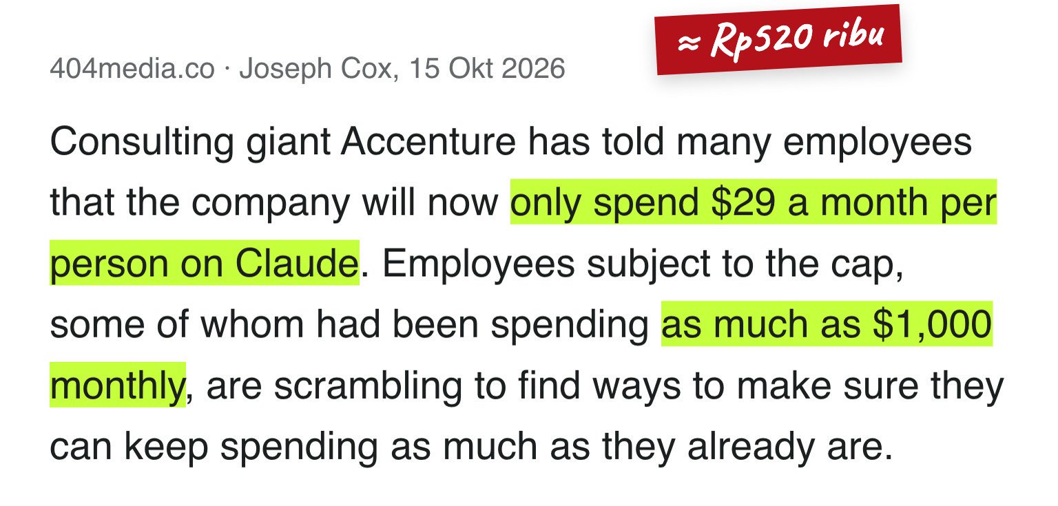 404 Media: Accenture hanya menanggung $29 per orang per bulan, sebagian karyawan biasa memakai sampai $1.000 sebulan