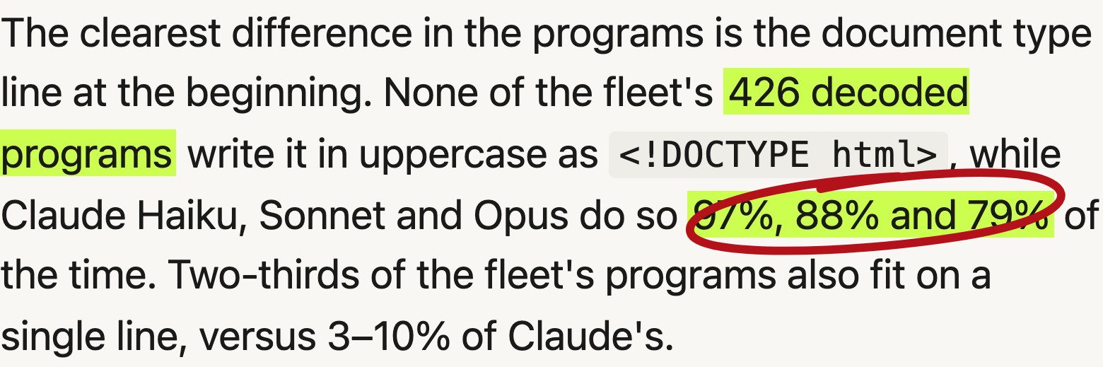 Laporan Swarmchasers: tidak satu pun dari 426 program armada menulis DOCTYPE huruf besar, sementara Claude Haiku, Sonnet, Opus melakukannya 97%, 88%, 79%