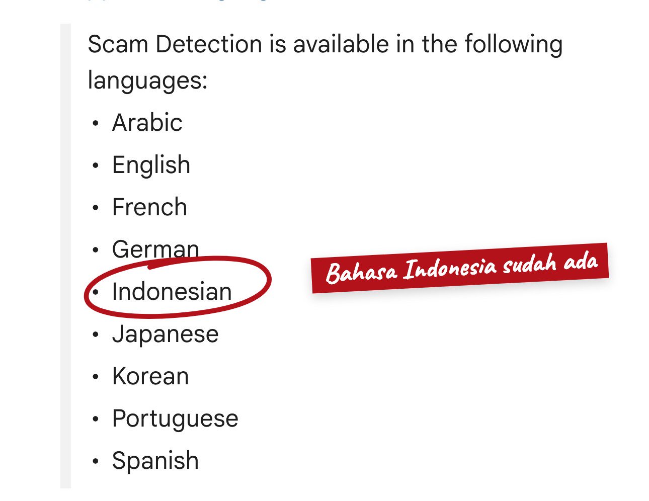 Halaman Bantuan Android: Indonesian ada di daftar bahasa Scam Detection