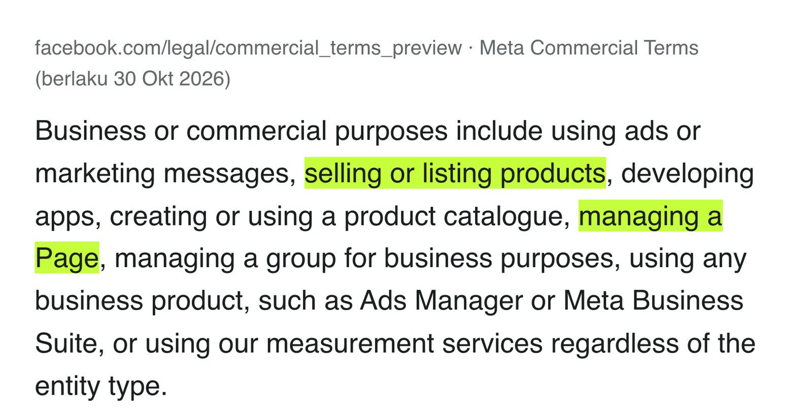 Meta Commercial Terms: keperluan bisnis termasuk beriklan, menjual atau memajang produk, katalog, dan mengelola Page