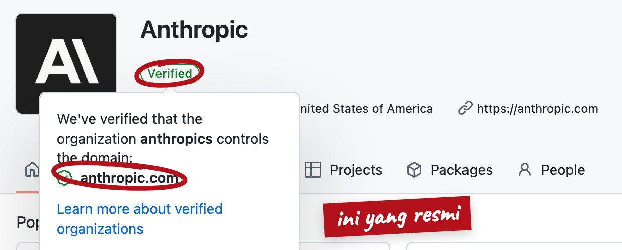 Organisasi GitHub anthropics berlabel Verified: GitHub memverifikasi organisasi ini memiliki domain anthropic.com
