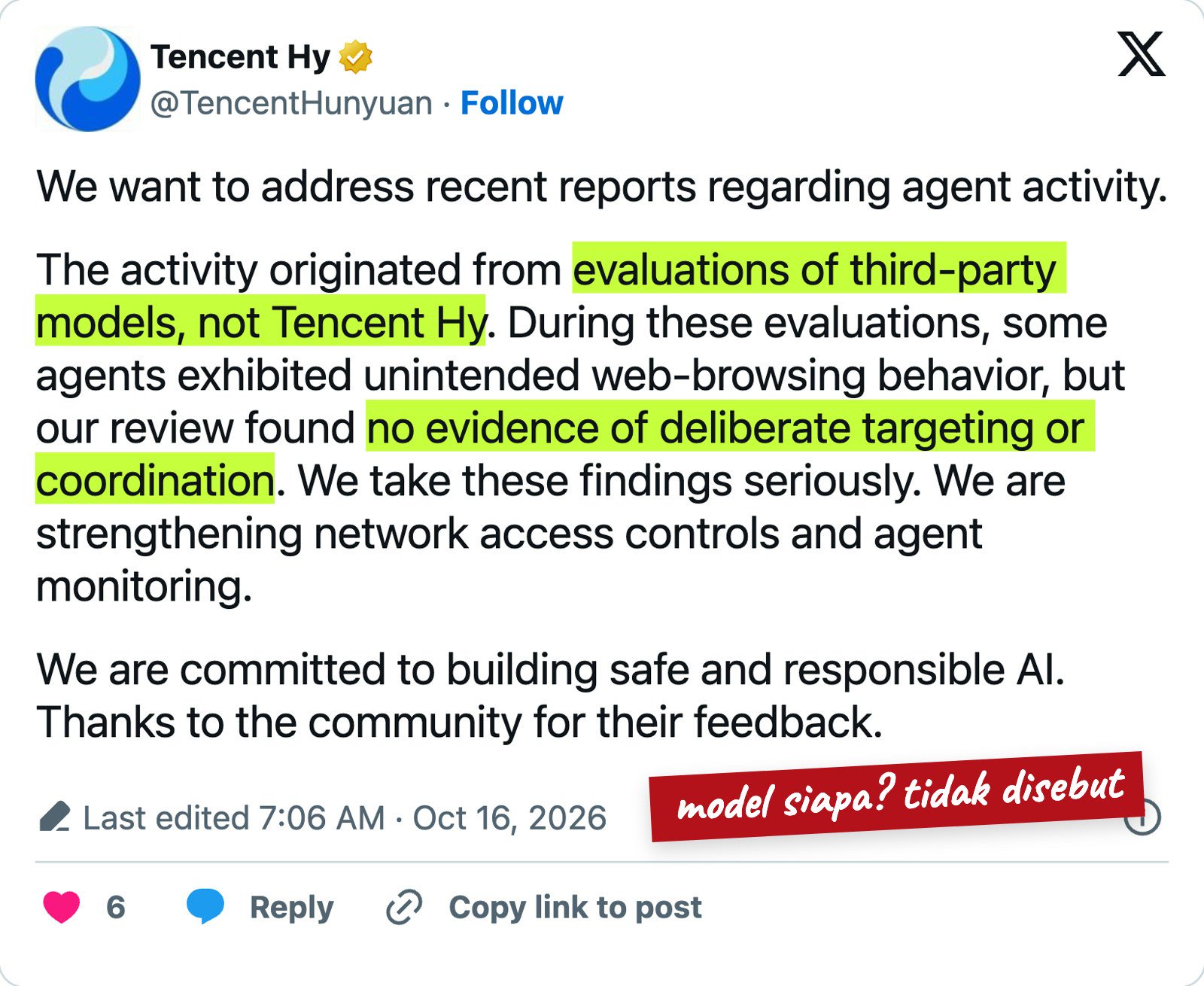 Pernyataan Tencent Hy di X: aktivitas berasal dari evaluasi model pihak ketiga, bukan Tencent Hy