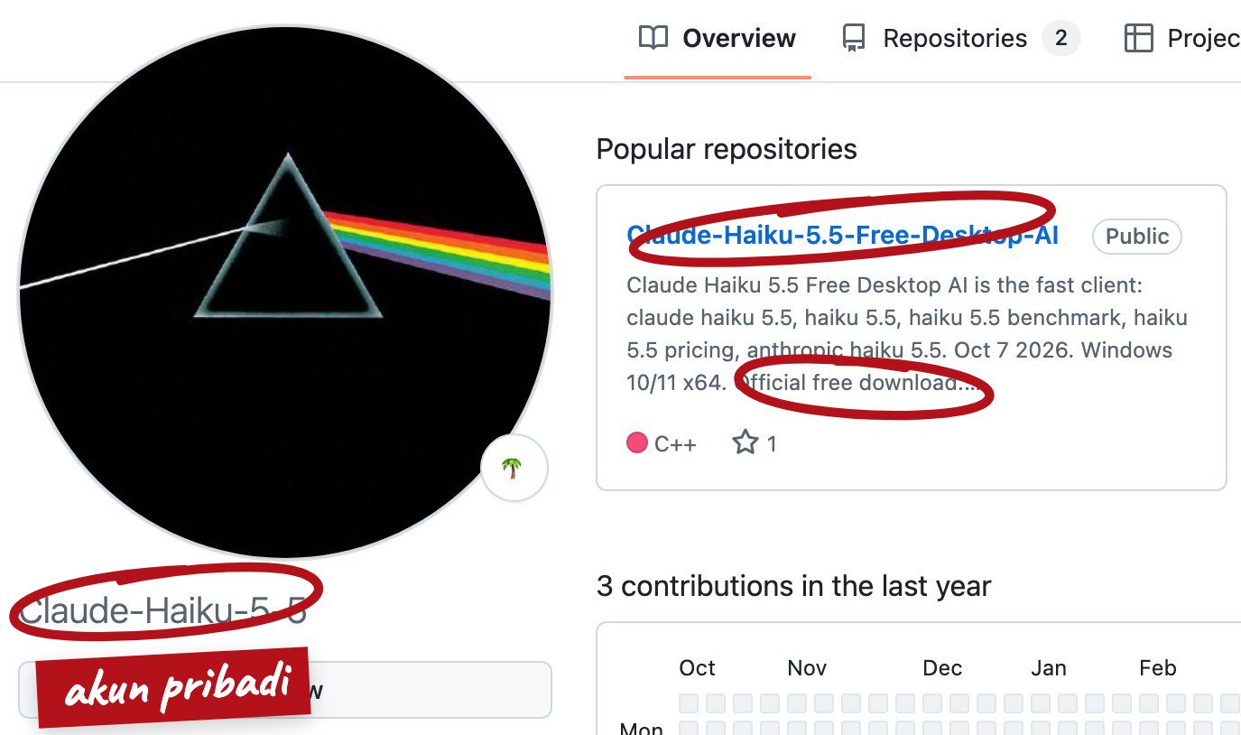 Profil GitHub akun pribadi Claude-Haiku-5-5 dengan repositori Claude-Haiku-5.5-Free-Desktop-AI yang mengaku Official free download