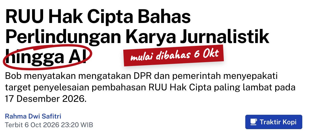 Judul berita Tirto: RUU Hak Cipta Bahas Perlindungan Karya Jurnalistik hingga AI, terbit 6 Oktober 2026