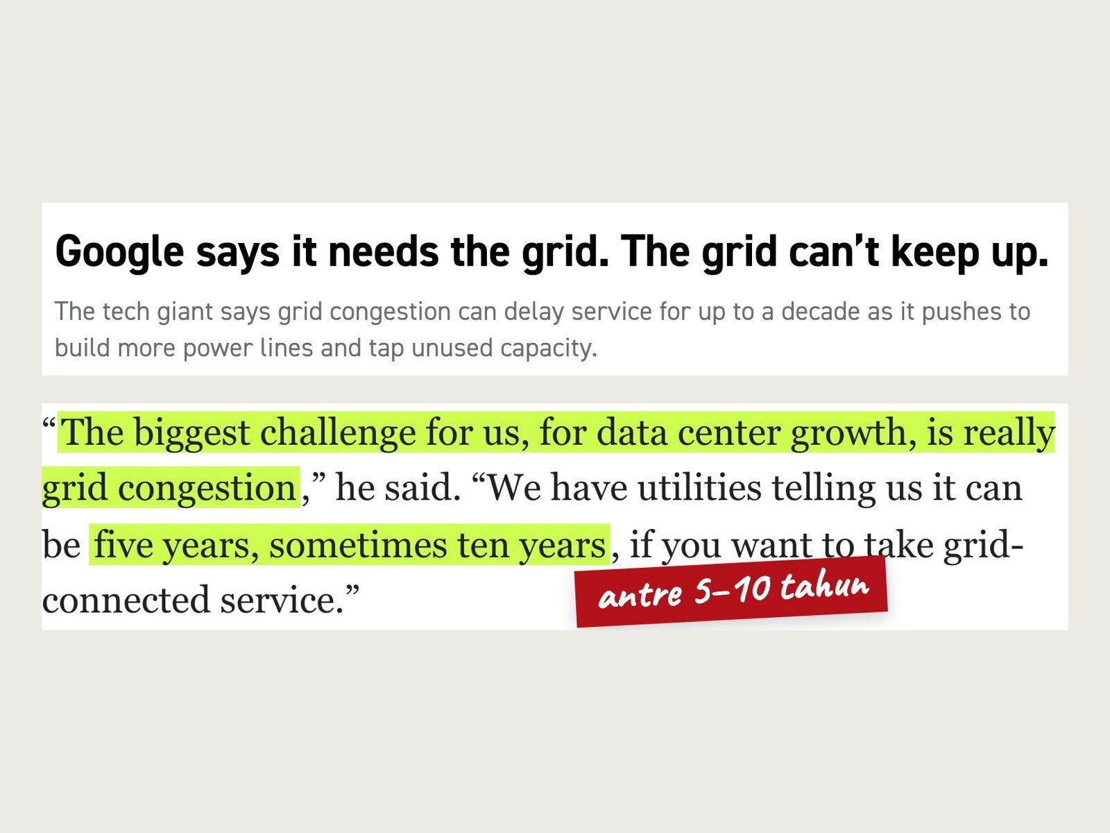 POLITICO: Google says it needs the grid; sambungan listrik bisa lima tahun, kadang sepuluh tahun