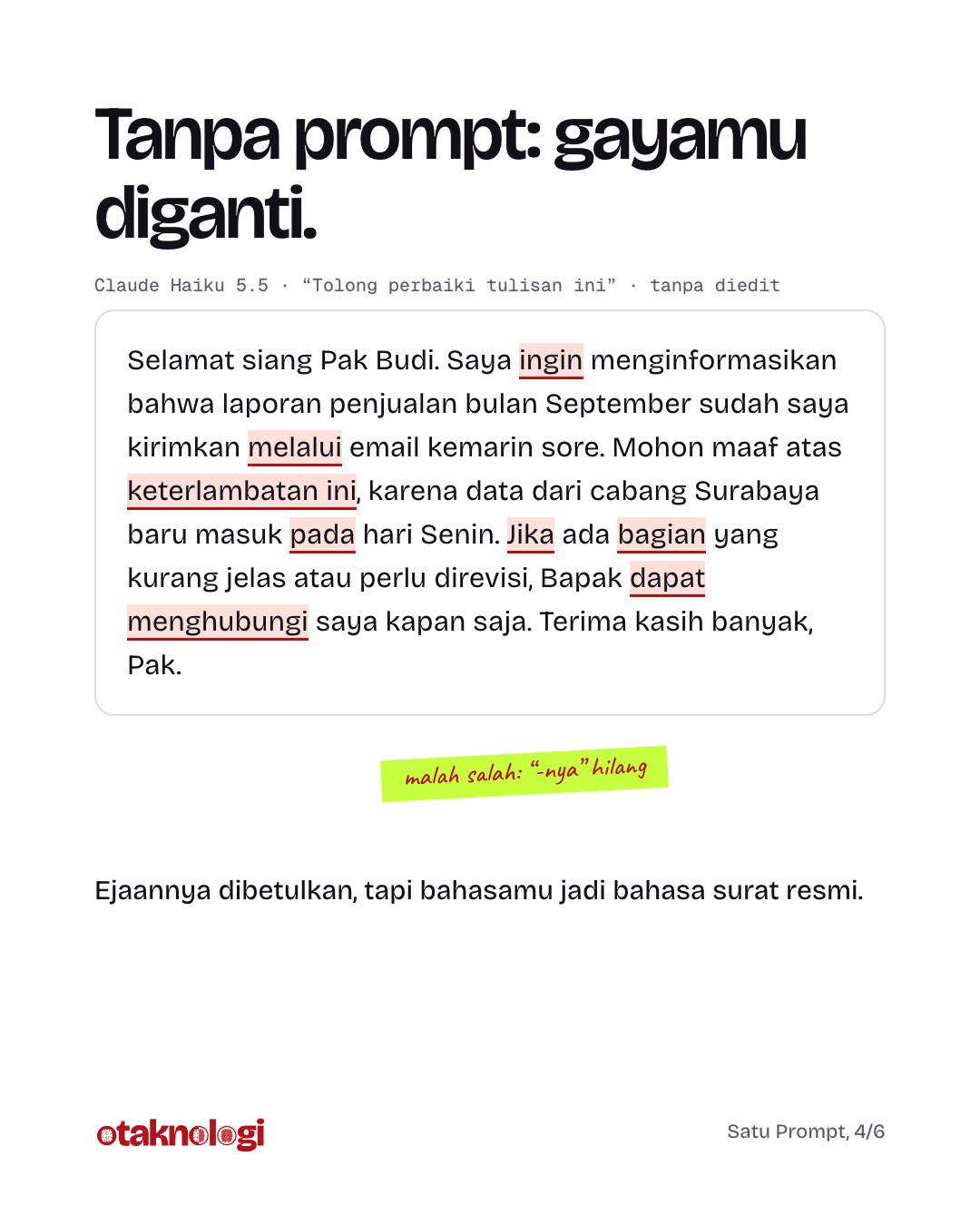 Uji Otaknologi di Claude Haiku 5.5: tanpa prompt, pesan ditulis ulang jadi bahasa surat resmi