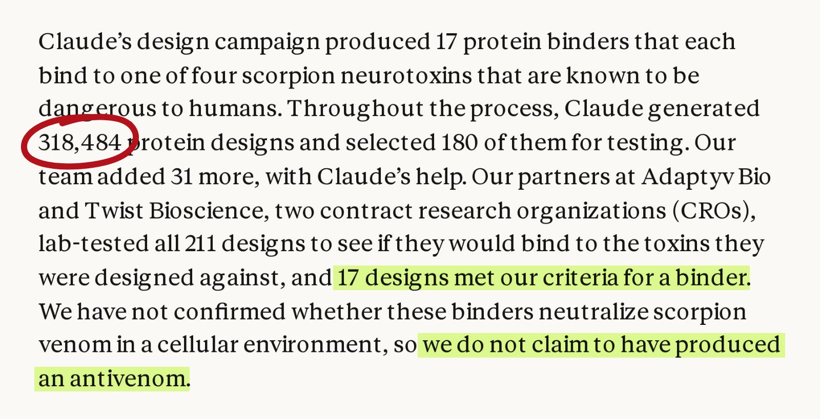 Blog Anthropic 20 Okt 2026: Claude membuat 318.484 desain protein, 17 lolos uji lab, belum diklaim sebagai penawar racun