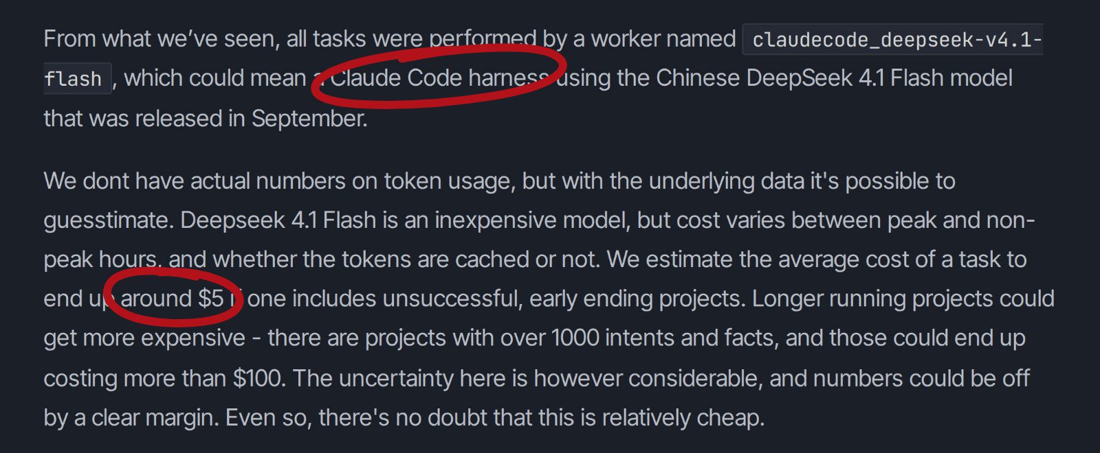 Laporan NorForge: pekerja bernama claudecode_deepseek-v4.1-flash, biaya rata-rata sekitar 5 dolar per tugas