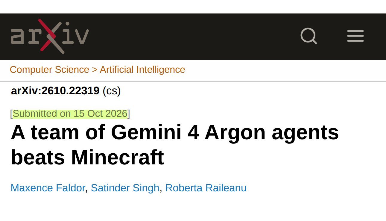 Halaman arXiv makalah A team of Gemini 4 Argon agents beats Minecraft, dikirim 15 Okt 2026