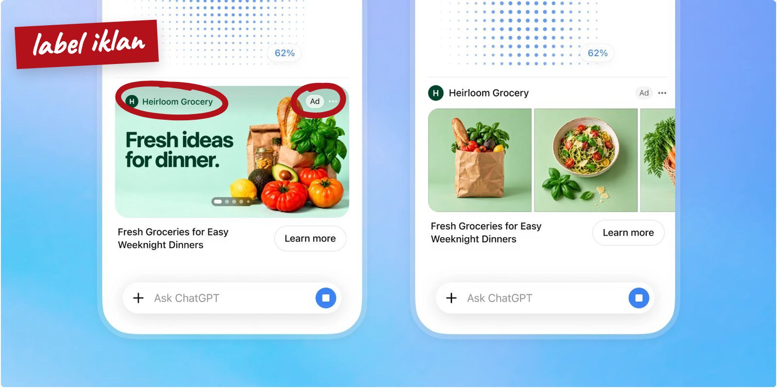 Contoh iklan bergambar di ChatGPT dari pengumuman OpenAI: label Ad, nama pengiklan fiktif Heirloom Grocery, tombol Learn more