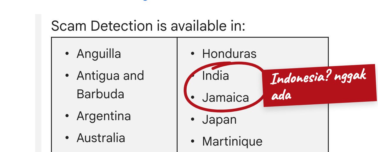 Halaman Bantuan Android: daftar negara Scam Detection, setelah India langsung Jamaica, Indonesia tidak ada