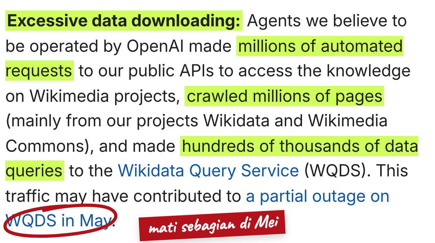 Kutipan laporan Wikimedia soal penyedotan data: jutaan permintaan otomatis, jutaan halaman, ratusan ribu kueri ke Wikidata Query Service