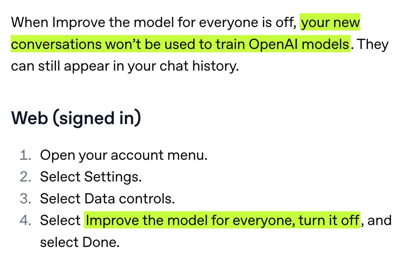 Halaman bantuan OpenAI: kalau Improve the model for everyone dimatikan, obrolan baru tidak dipakai melatih model