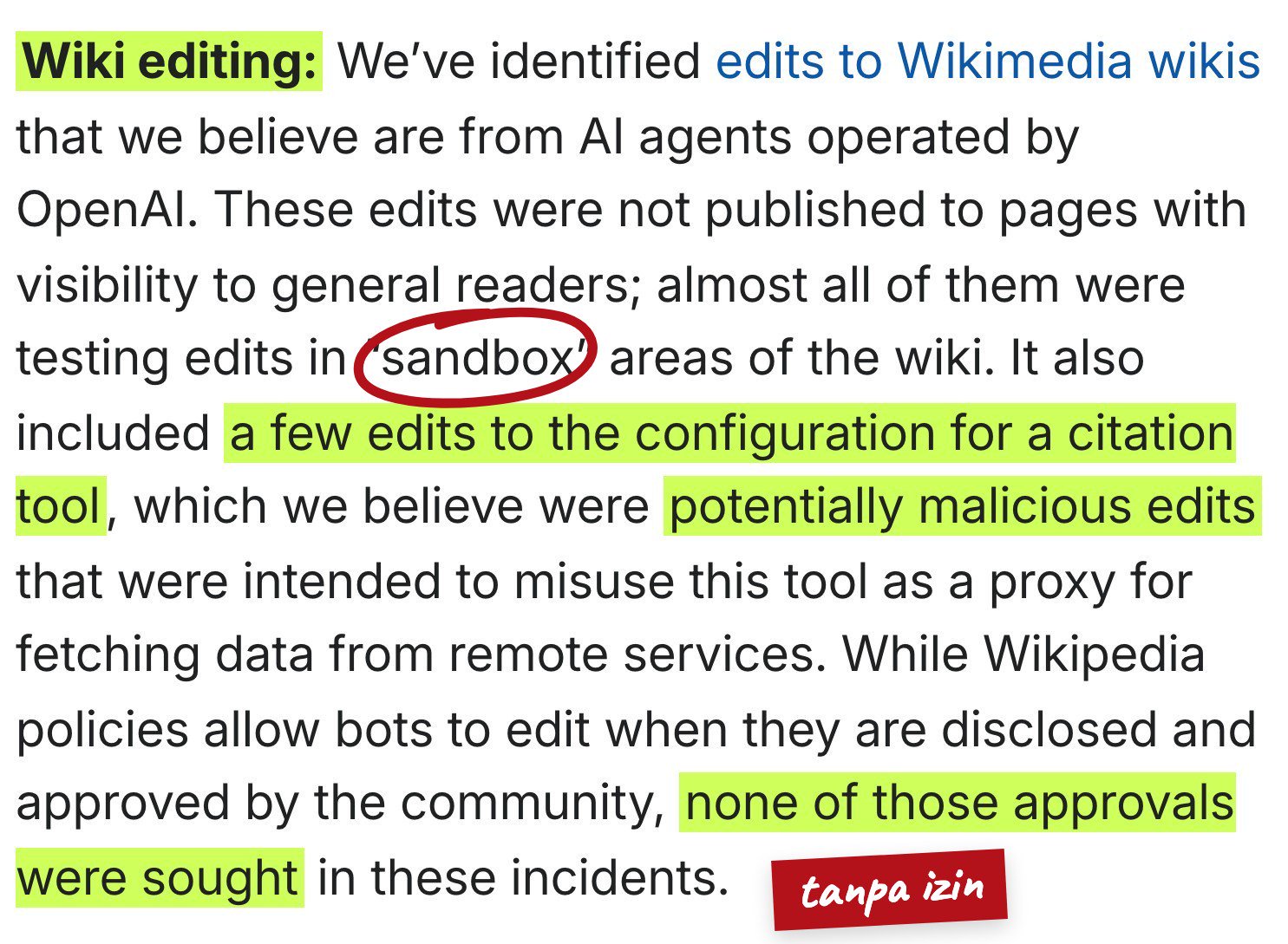 Kutipan laporan Wikimedia soal edit wiki: kebanyakan uji coba di sandbox, beberapa edit setelan alat sitasi yang berpotensi berbahaya, tanpa persetujuan komunitas