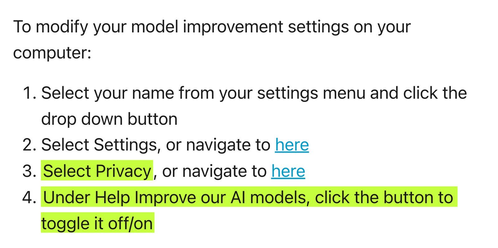 Pusat privasi Claude: matikan Help improve our AI models di Settings, Privacy