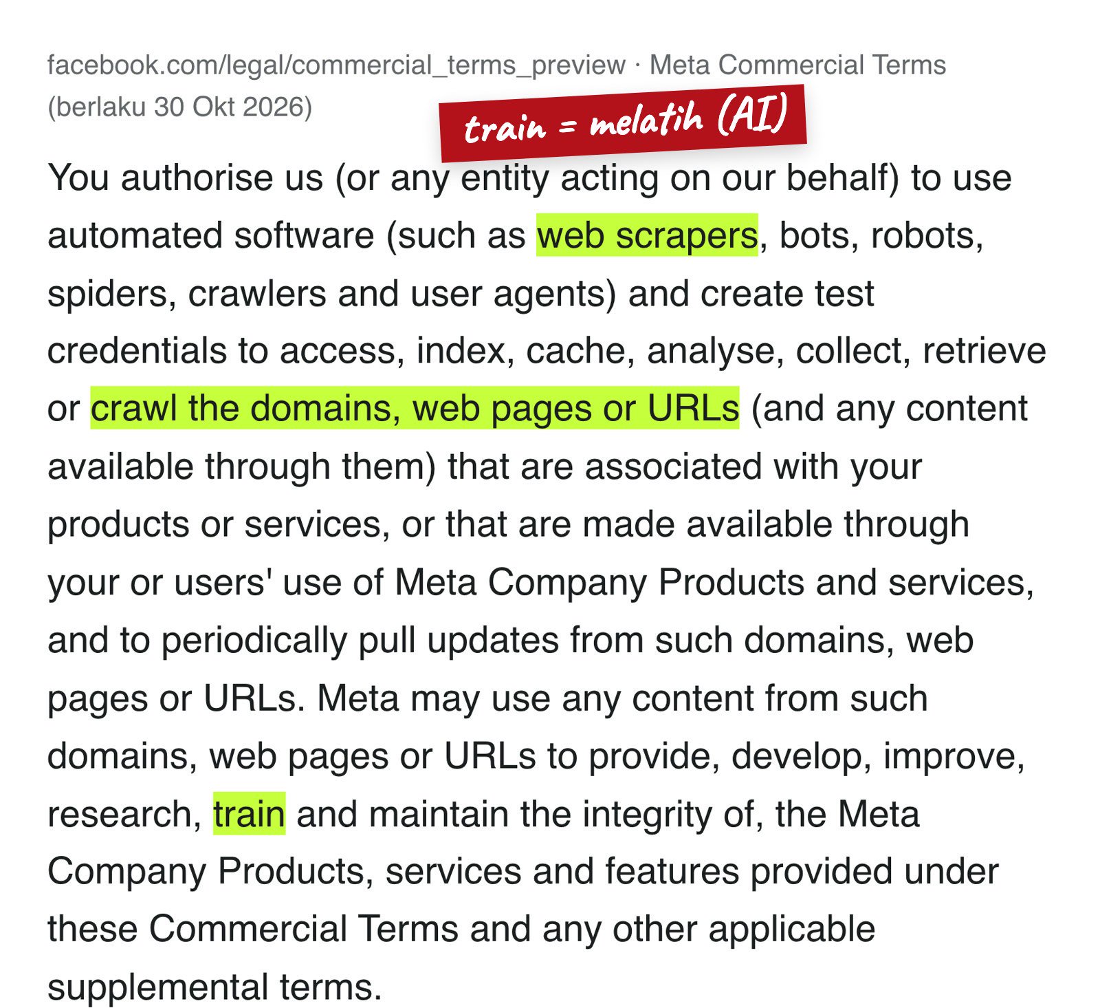 Klausul Meta Commercial Terms versi 30 Okt 2026 tentang izin bot Meta menjelajah domain yang terkait bisnismu dan memakai isinya untuk train